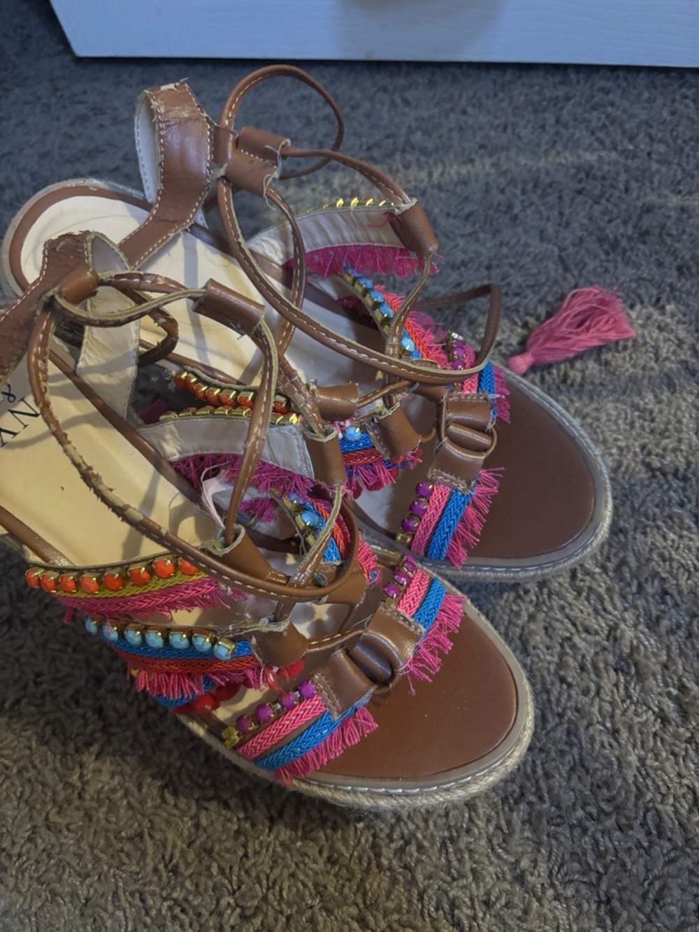Brown Fringe Gladiator Sandals with Pink & Blue Accents